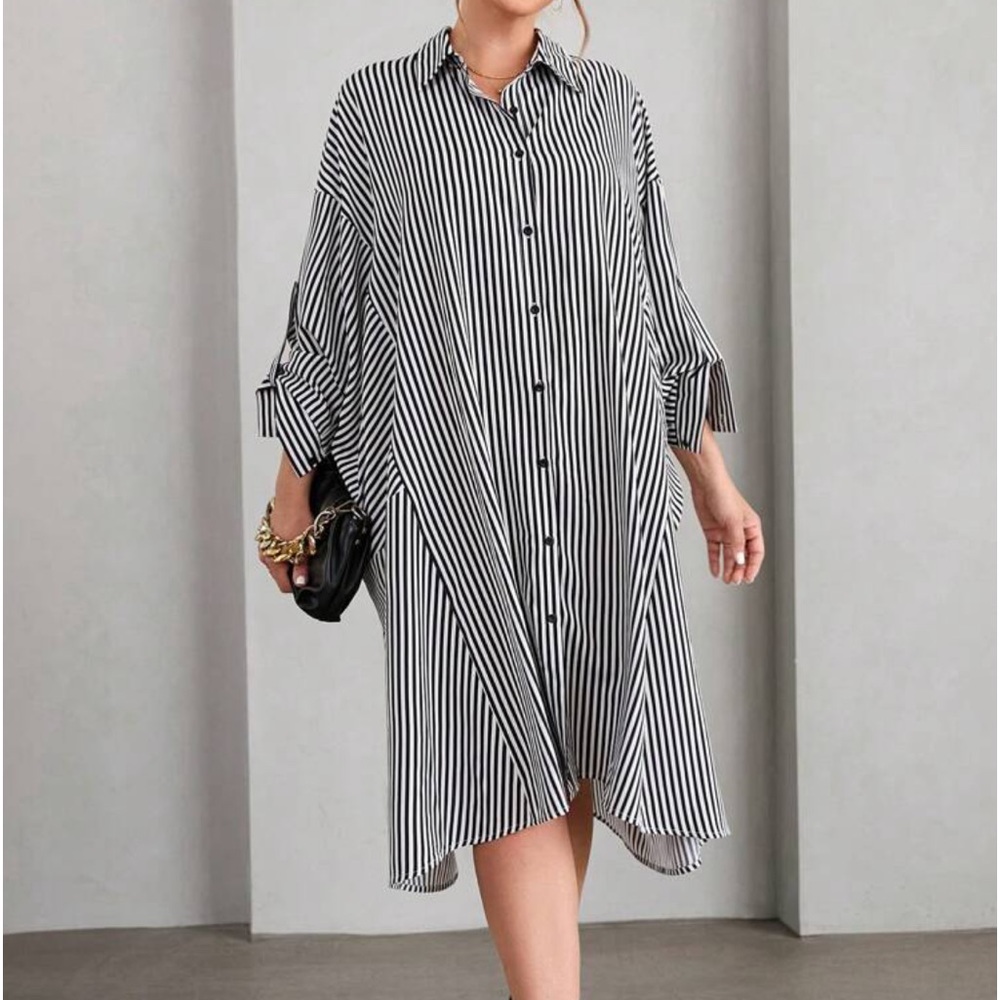 Classic Elegant Asymmetrical Hem Button Down Shirt Dress Black White - Picture 3 of 6